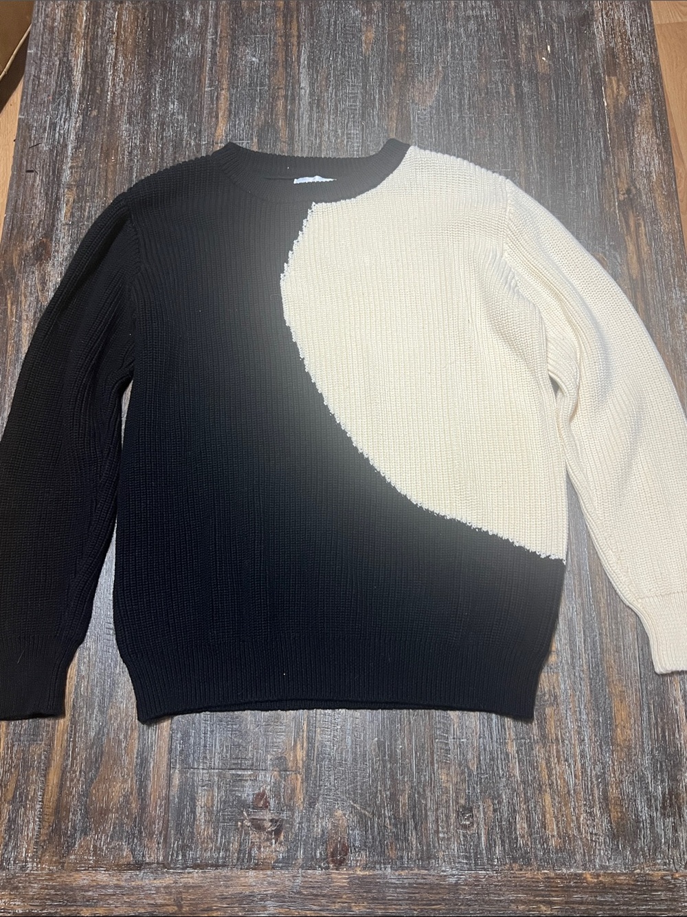 Men's Black and Cream Colorblock Crewneck Sweater - Contemporary Knit